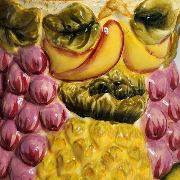 Vintage Ceramic Pitcher With Embossed Fruits Grapes Pineapple Apple Design - Picture 9 of 12